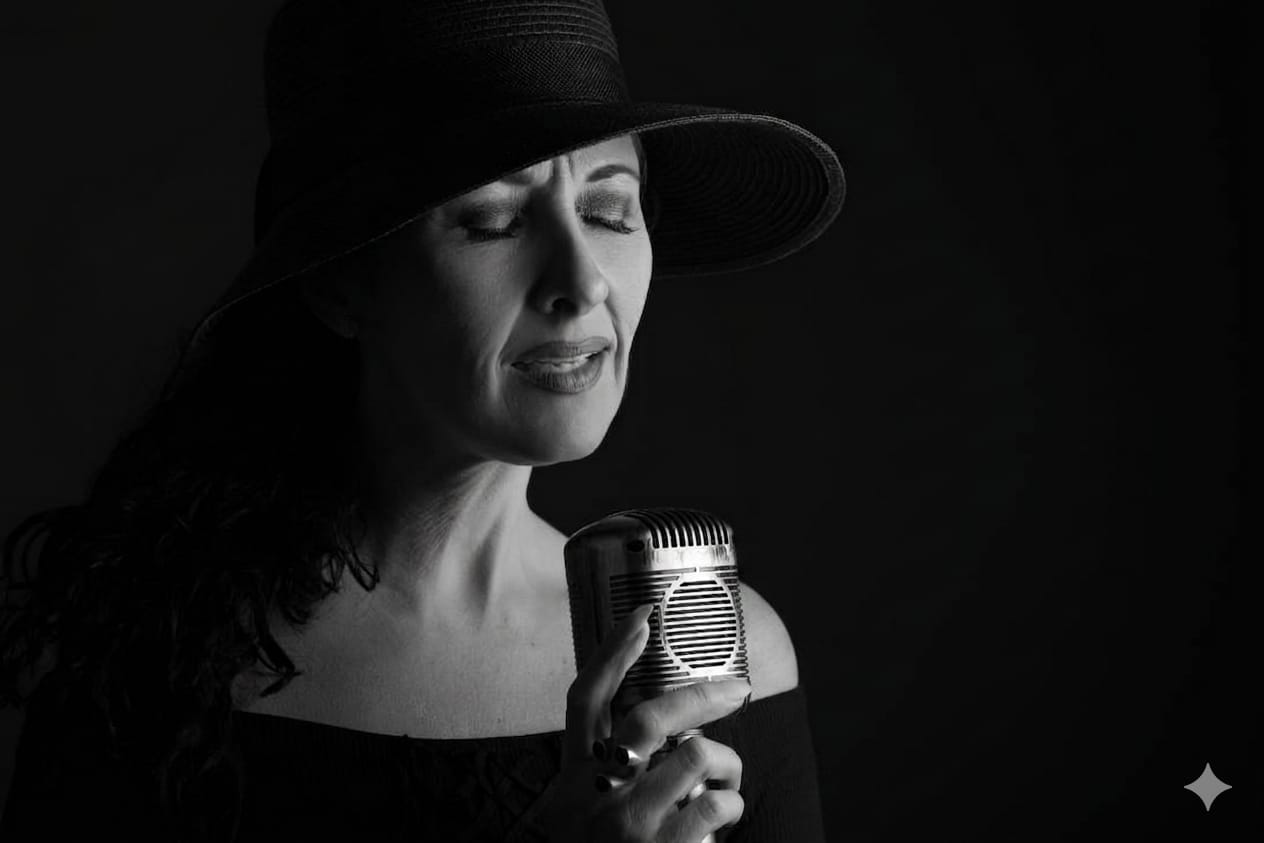 Tanya Carrum performing with a vintage microphone