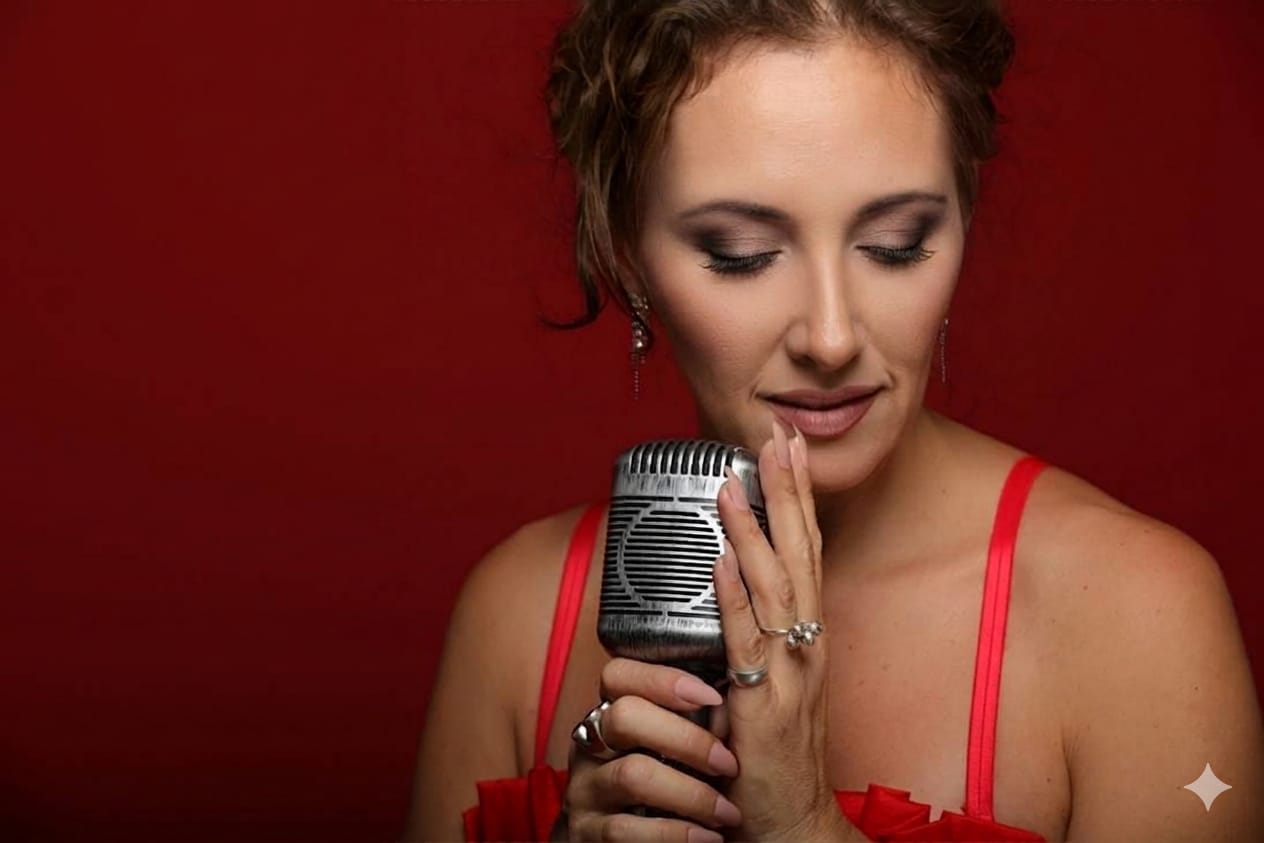Tanya Carrum holding a vintage microphone